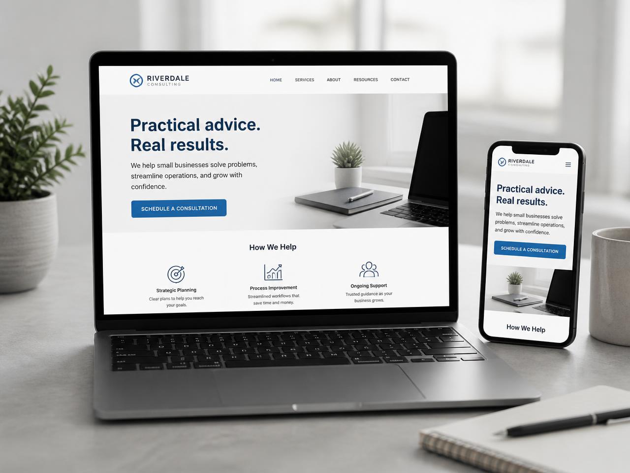 Premium website design shown on a laptop and phone
