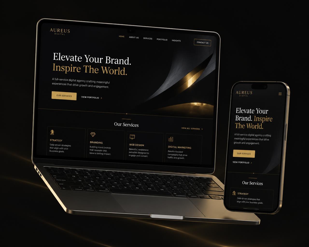 Premium website design shown on a laptop and phone
